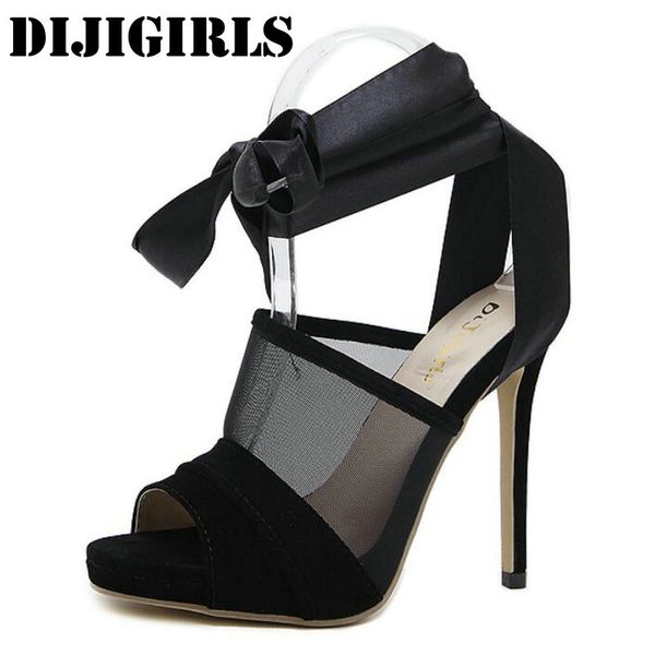 woman sandals lace ankle strap high heels shoes fashion open toe lace-up roman sandals woman cross strap party ladies shoes, Black